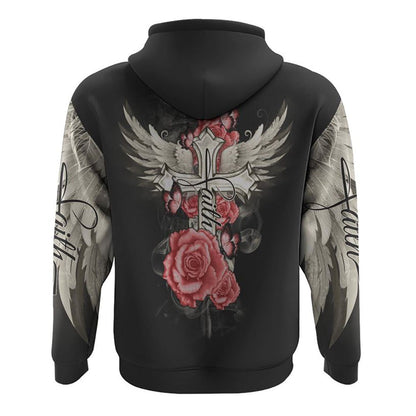 Pink Rose Cross Wings Vintage All Over Print 3D Hoodie, Christian Hoodie, Christian Sweatshirt, Bible Verse Shirt