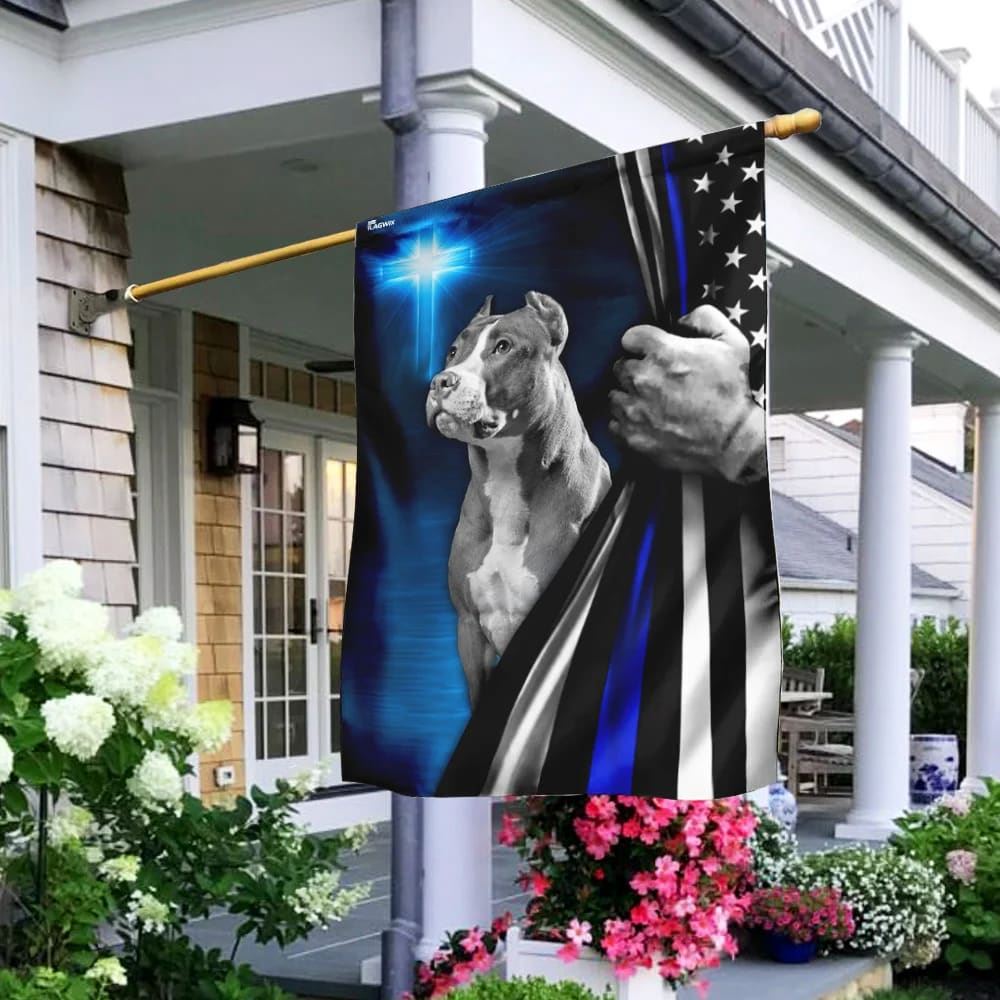 Pit Bull Dog Thin Blue Line Christian Cross House Flag, Outdoor Religious Flags, Christian Flag, Scripture Flag, Garden Banner