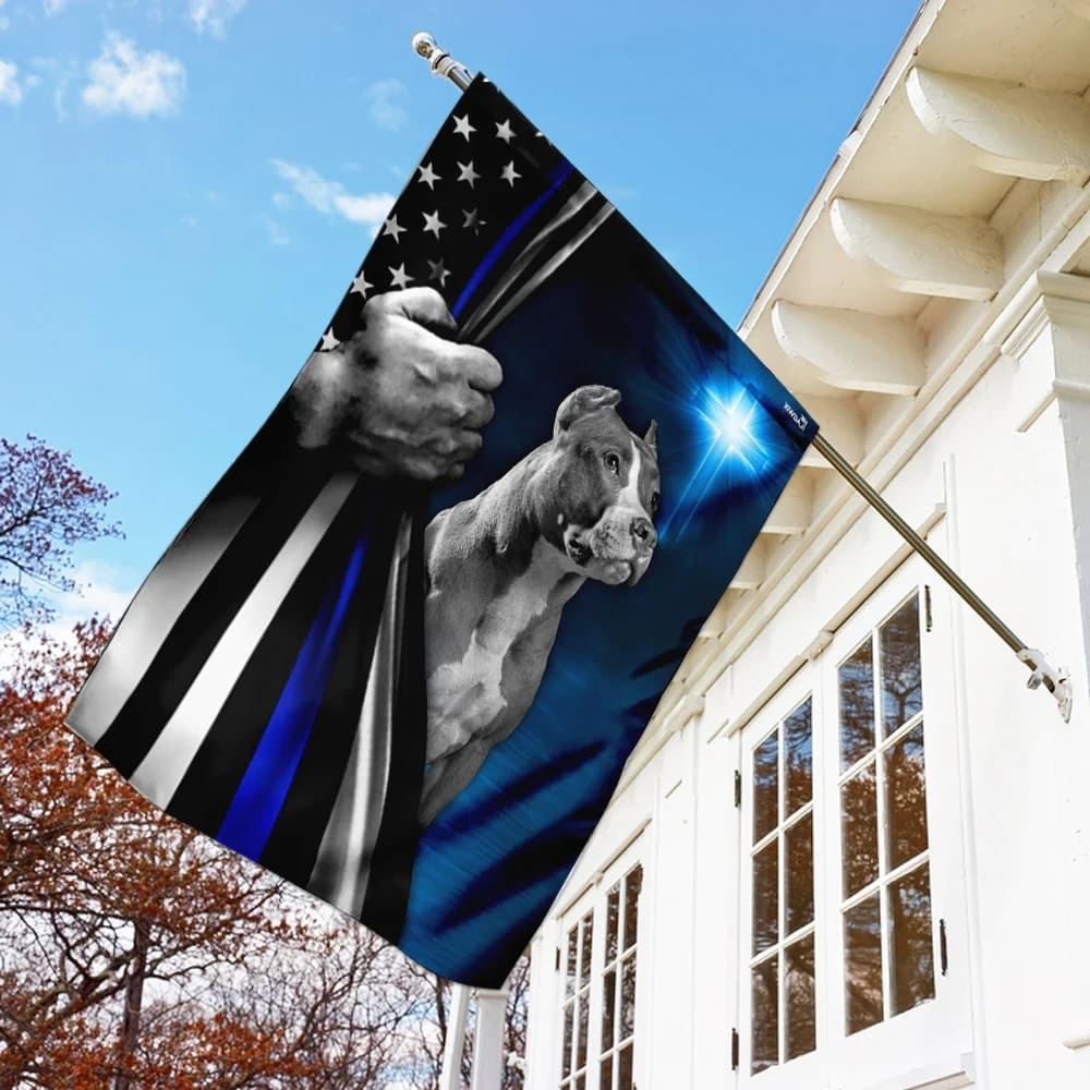 Pit Bull Dog Thin Blue Line Christian Cross House Flag, Outdoor Religious Flags, Christian Flag, Scripture Flag, Garden Banner