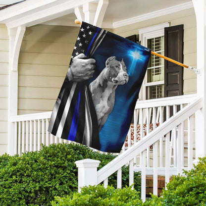 Pit Bull Dog Thin Blue Line Christian Cross House Flag, Outdoor Religious Flags, Christian Flag, Scripture Flag, Garden Banner