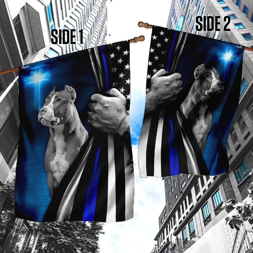 Pit Bull Dog Thin Blue Line Christian Cross House Flag, Outdoor Religious Flags, Christian Flag, Scripture Flag, Garden Banner