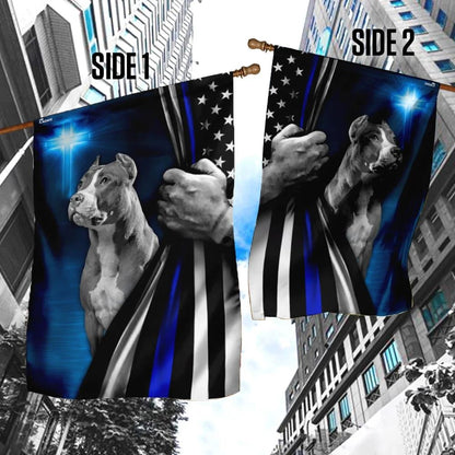 Pit Bull Dog Thin Blue Line Christian Cross House Flag, Outdoor Religious Flags, Christian Flag, Scripture Flag, Garden Banner