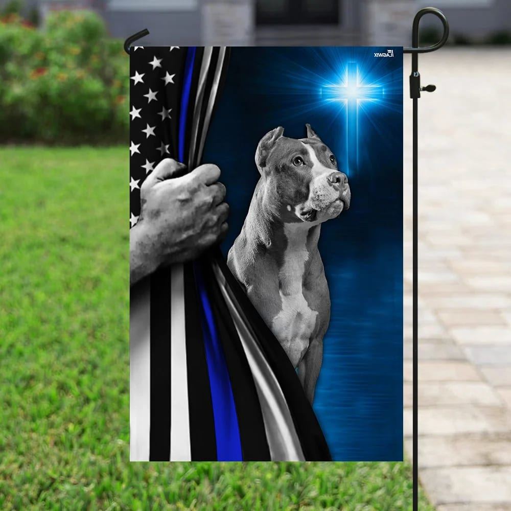 Pit Bull Dog Thin Blue Line Christian Cross House Flag, Outdoor Religious Flags, Christian Flag, Scripture Flag, Garden Banner
