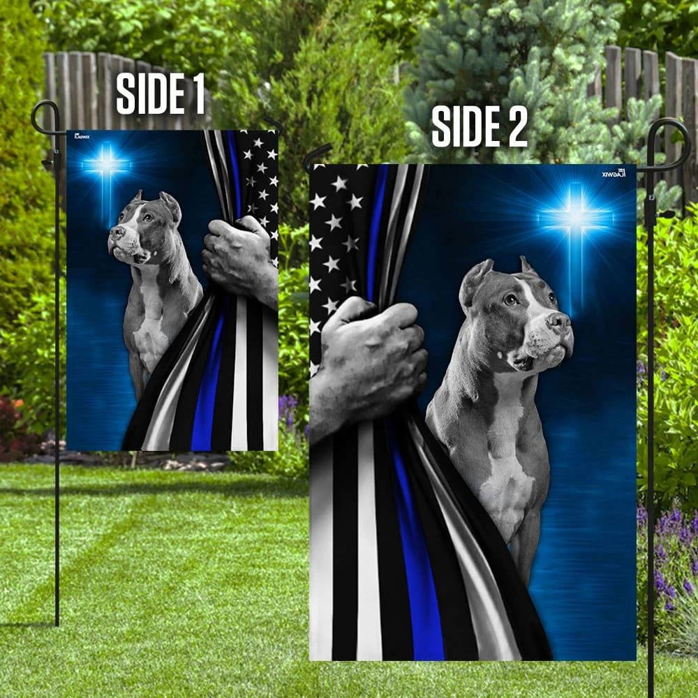 Pit Bull Dog Thin Blue Line Christian Cross House Flag, Outdoor Religious Flags, Christian Flag, Scripture Flag, Garden Banner