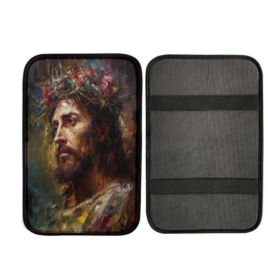 Portrait Of Jesus With The Crown Of Thorn Car Center Console Cover, Christian Gift Car Armrest Pad