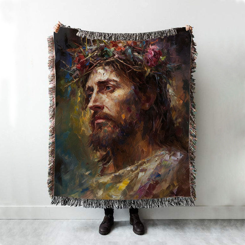 Portrait Of Jesus With The Crown Of Thorn Woven Blanket Prints - Jesus Woven Blanket Art - Christian Throw Blanket Decor