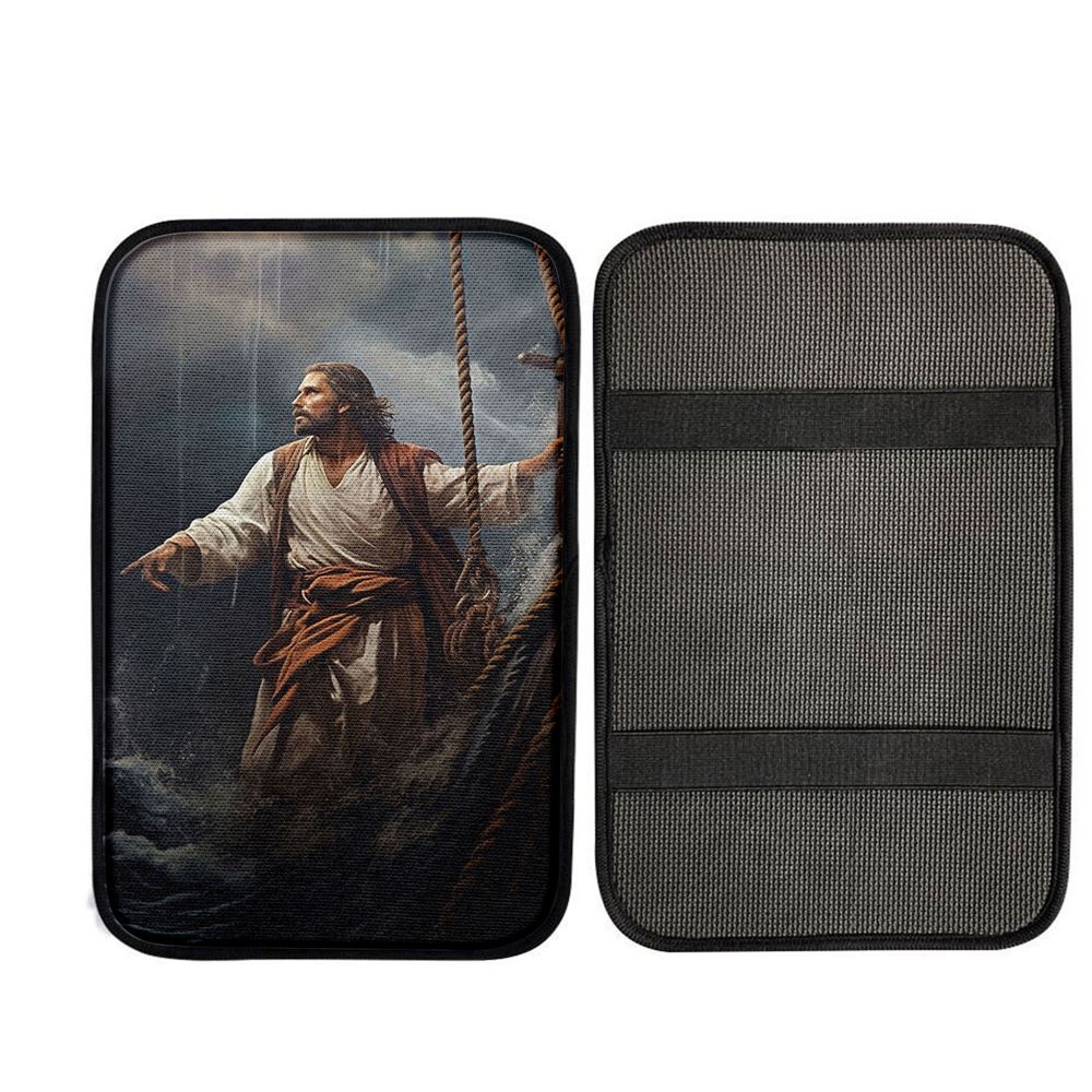 Power Jesus Christ Came To Rescue A Fishing Boat Car Center Console Cover, Religious Car Armrest Accessories