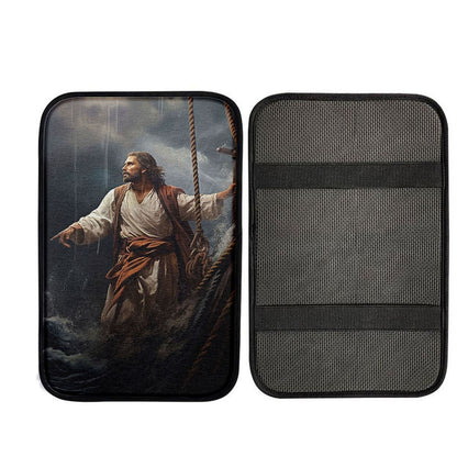 Power Jesus Christ Came To Rescue A Fishing Boat Car Center Console Cover, Religious Car Armrest Accessories