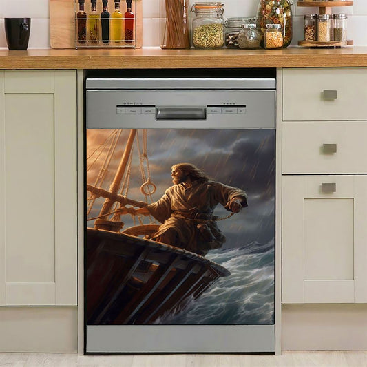 Power Jesus Christ Came To Rescue A Fishing Boat In A Storm Dishwasher Cover, Jesus Dishwasher Wrap, Christian Kitchen Decoration