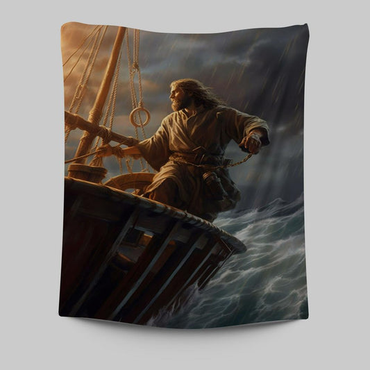 Power Jesus Christ Came To Rescue A Fishing Boat In A Storm Tapestry Prints - Jesus Tapestry Art - Christian Wall Art Decor