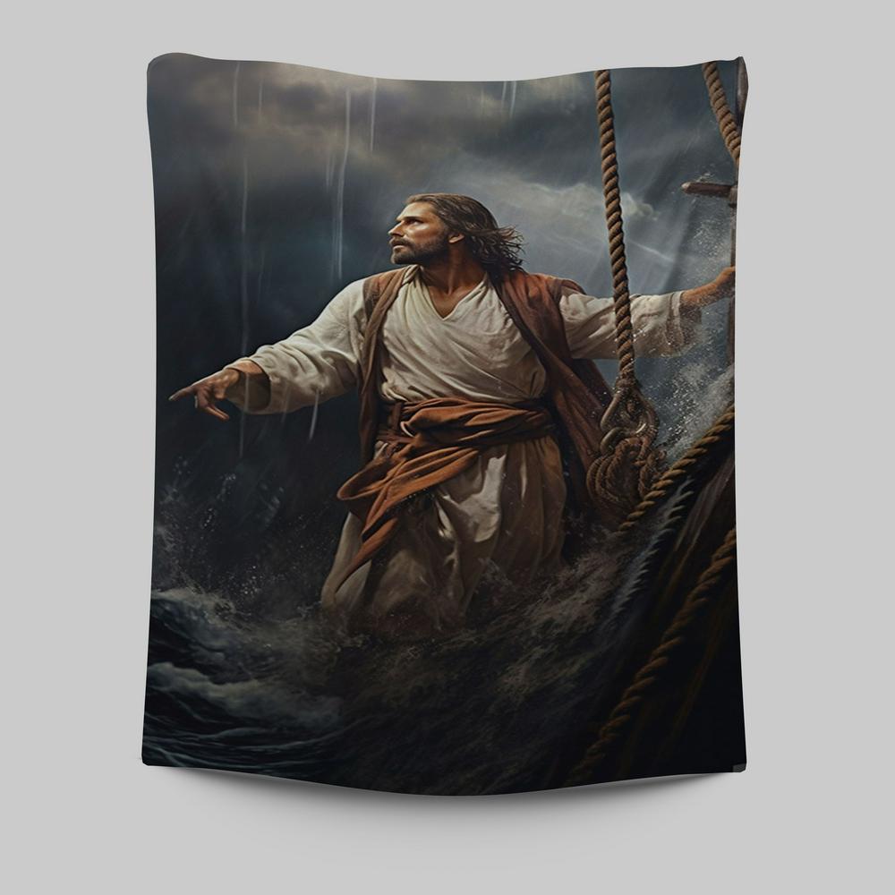 Power Jesus Christ Came To Rescue A Fishing Boat Tapestry Prints - Jesus Tapestry Art - Christian Wall Art Decor