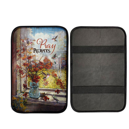Pray Always Baby Orange Flower Autumn Hummingbird Car Center Console Cover, Religious Car Interior Accessories