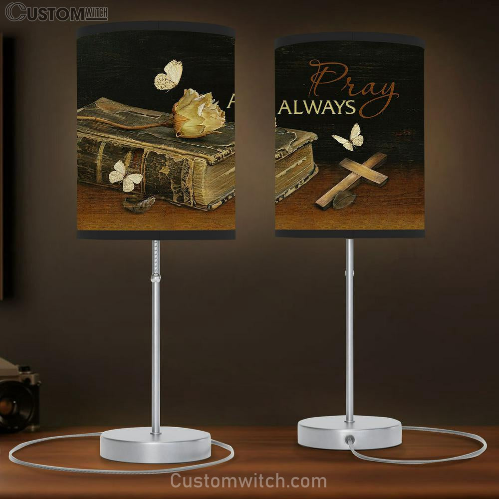 Pray Always Dried Rose Wooden Cross White Butterfly Book Bible Table Lamb Gift - Bible Verse Table Lamb - Religious Bedroom Decor