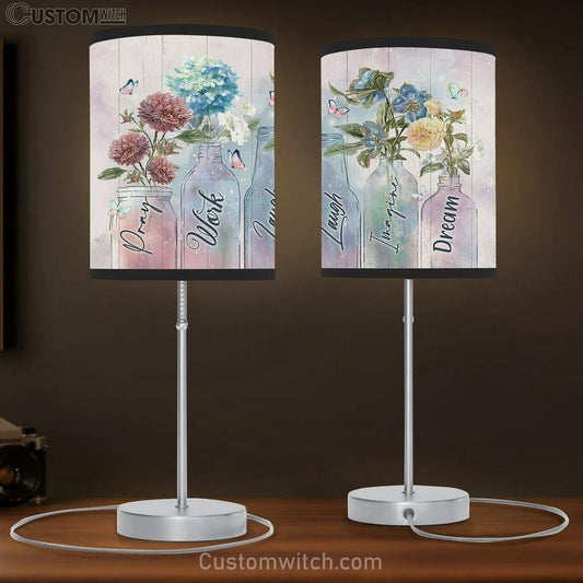 Pray Work Laugh Blue Hydrangea Red Chrysanthemum Table Lamb Gift - Bible Verse Table Lamb - Religious Bedroom Decor