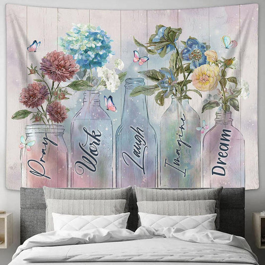 Pray Work Laugh Blue Hydrangea Red Chrysanthemum Tapestry Wall Art - Bible Verse Tapestry - Religious Tapestry Wall Hanging