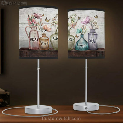 Pray Work Laugh Imagine Dream Elegant Flower Table Lamb Gift - Bible Verse Table Lamb - Religious Bedroom Decor