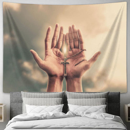 Praying Hands Hold Crucifix Cross Tapestry Pictures - Faith Art - Christian Tapestry Wall Art Decor