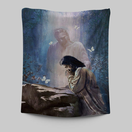 Praying With God White Butterfly Forest Tapestry Print - Inspirational Tapestry Art - Christian Wall Art Home Decor
