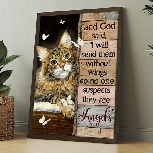 Pretty Cat Drawing And God Said I Will Send Them Without Wings Canvas, Christmas Gift for Christian