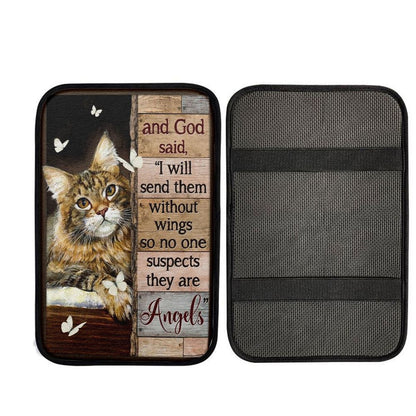 Pretty Cat Drawing And God Said I Will Send Them Without Wings Car Center Console Cover, Car Armrest Pad, Christian Gift, Armrest Box Mat