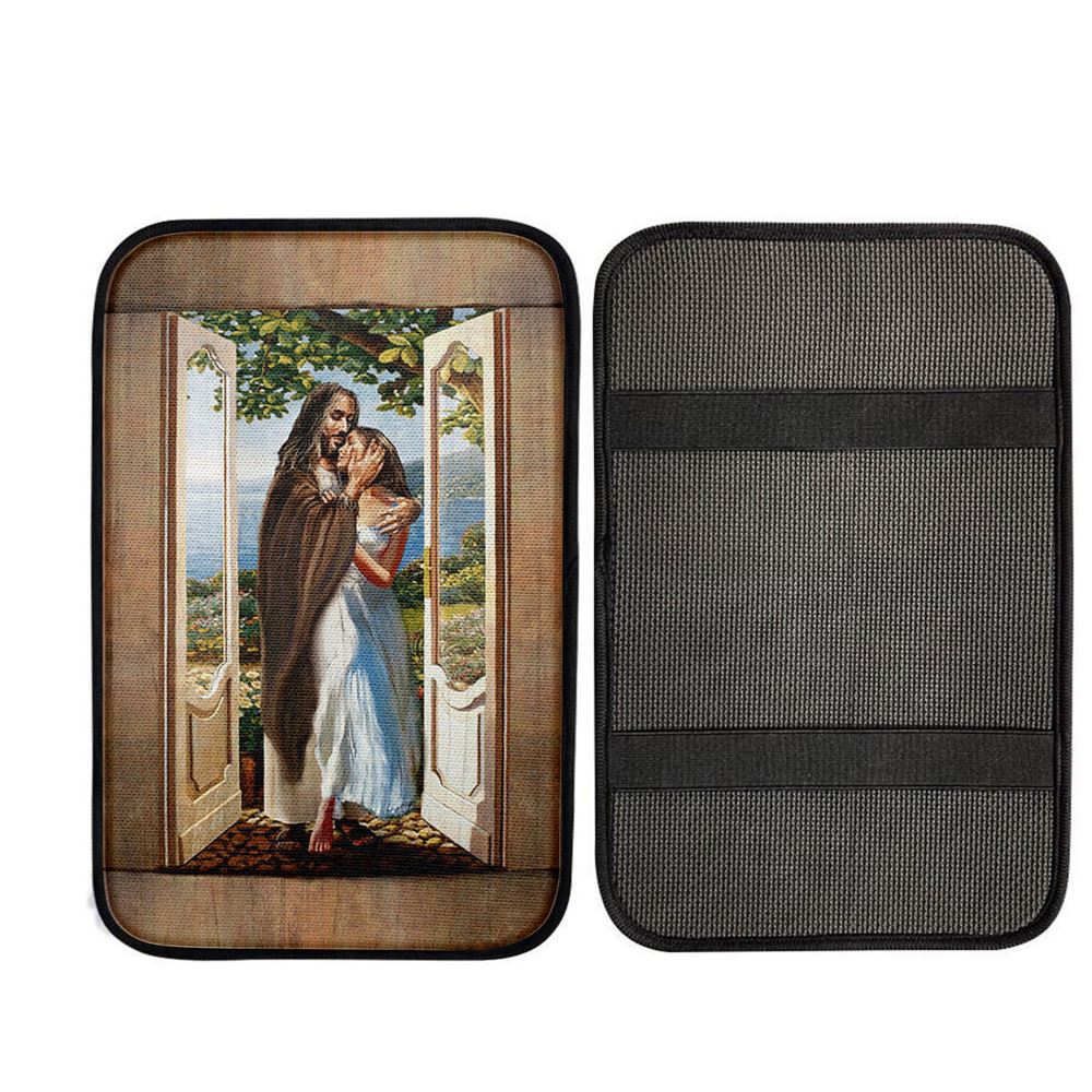 Pretty Girl Beautiful Forest Walking With Jesus Car Center Console Cover, Christian Gift Car Armrest Pad