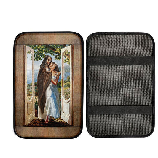 Pretty Girl Beautiful Forest Walking With Jesus Car Center Console Cover, Christian Gift Car Armrest Pad