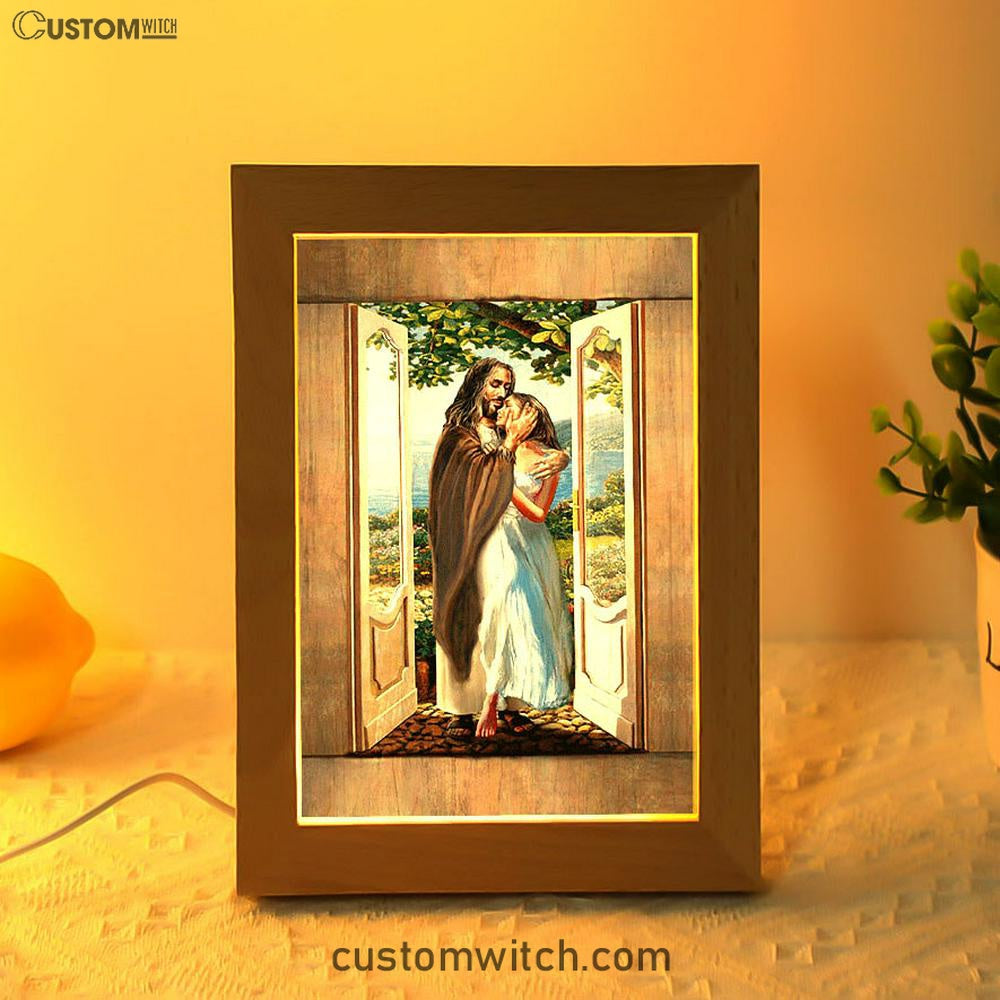 Pretty Girl Beautiful Forest Walking With Jesus Frame Lamp Print - Inspirational Frame Lamp Art - Christian Art Home Decor