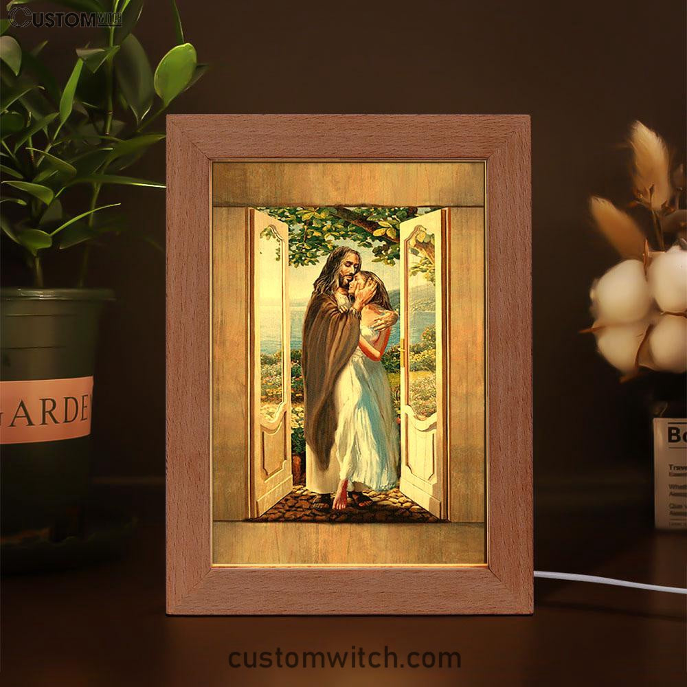 Pretty Girl Beautiful Forest Walking With Jesus Frame Lamp Print - Inspirational Frame Lamp Art - Christian Art Home Decor