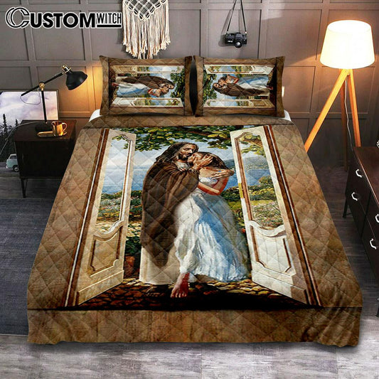 Pretty Girl Beautiful Forest Walking With Jesus Quilt Bedding Set Print - Inspirational Quilt Bedding Set Art - Christian Bedroom Home Decor