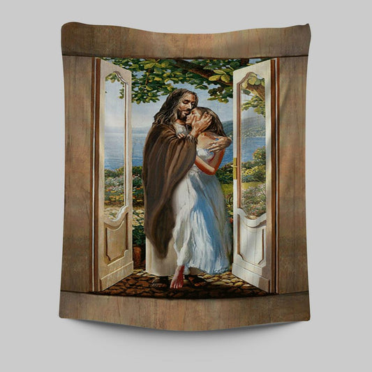 Pretty Girl Beautiful Forest Walking With Jesus Tapestry Print - Inspirational Tapestry Art - Christian Wall Art Home Decor