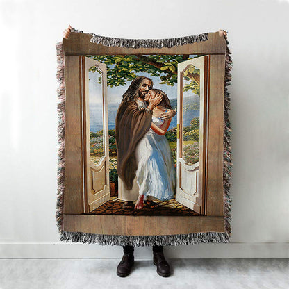 Pretty Girl Beautiful Forest Walking With Jesus Woven Blanket Print - Inspirational Woven Blanket Art - Christian Throw Blanket Home Decor