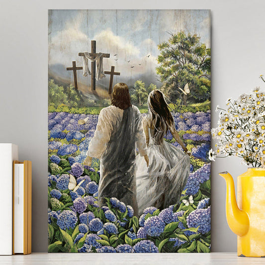 Pretty Girl Walking With Jesus In Purple Hydrangea Flower Field Canvas Print - Inspirational Canvas Art - Christian Wall Art Home Decor