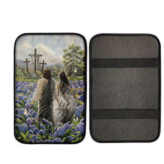 Pretty Girl Walking With Jesus In Purple Hydrangea Flower Field Car Center Console Cover, Christian Gift Car Armrest Pad
