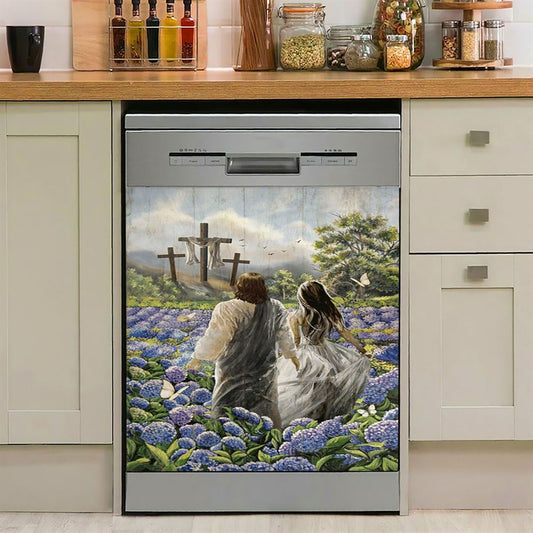 Pretty Girl Walking With Jesus In Purple Hydrangea Flower Field Dishwasher Cover, Inspirational Dishwasher Wrap, Christian Kitchen Decoration