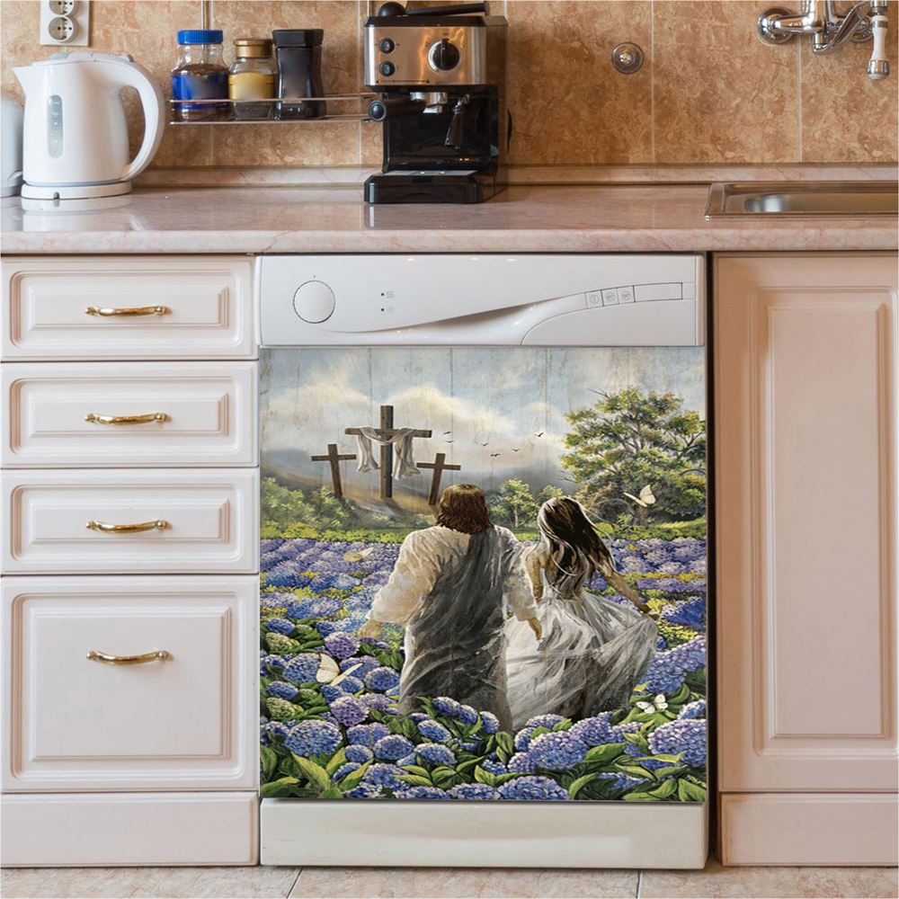 Pretty Girl Walking With Jesus In Purple Hydrangea Flower Field Dishwasher Cover, Inspirational Dishwasher Wrap, Christian Kitchen Decoration