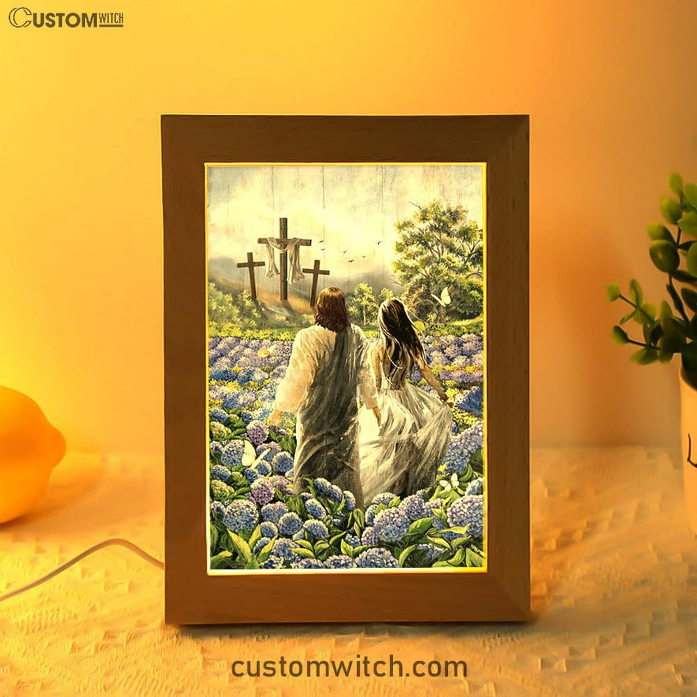 Pretty Girl Walking With Jesus In Purple Hydrangea Flower Field Frame Lamp Print - Inspirational Frame Lamp Art - Christian Art Home Decor