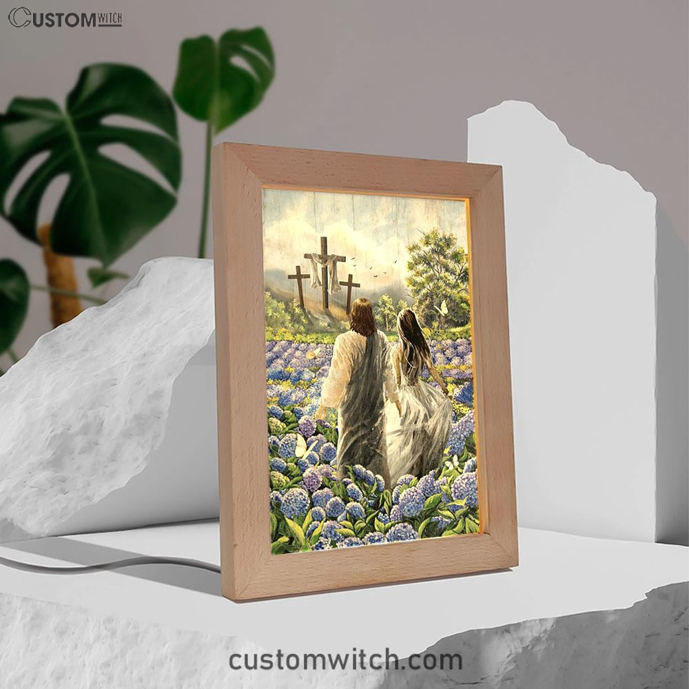 Pretty Girl Walking With Jesus In Purple Hydrangea Flower Field Frame Lamp Print - Inspirational Frame Lamp Art - Christian Art Home Decor