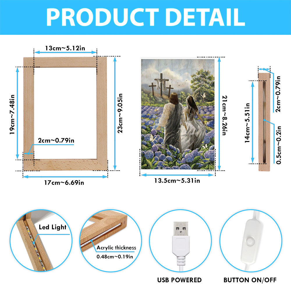 Pretty Girl Walking With Jesus In Purple Hydrangea Flower Field Frame Lamp Print - Inspirational Frame Lamp Art - Christian Art Home Decor