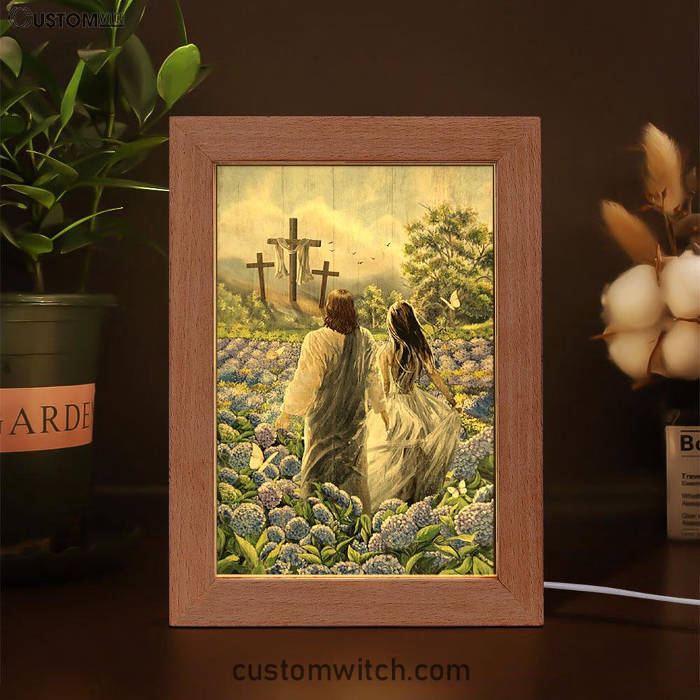 Pretty Girl Walking With Jesus In Purple Hydrangea Flower Field Frame Lamp Print - Inspirational Frame Lamp Art - Christian Art Home Decor