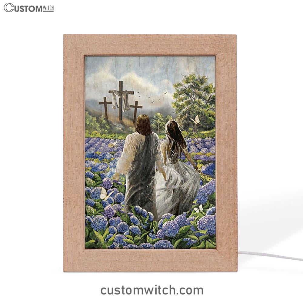 Pretty Girl Walking With Jesus In Purple Hydrangea Flower Field Frame Lamp Print - Inspirational Frame Lamp Art - Christian Art Home Decor