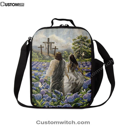 Pretty Girl Walking With Jesus In Purple Hydrangea Flower Field Lunch Bag, Bible Verse Lunch Bag For Men And Women
