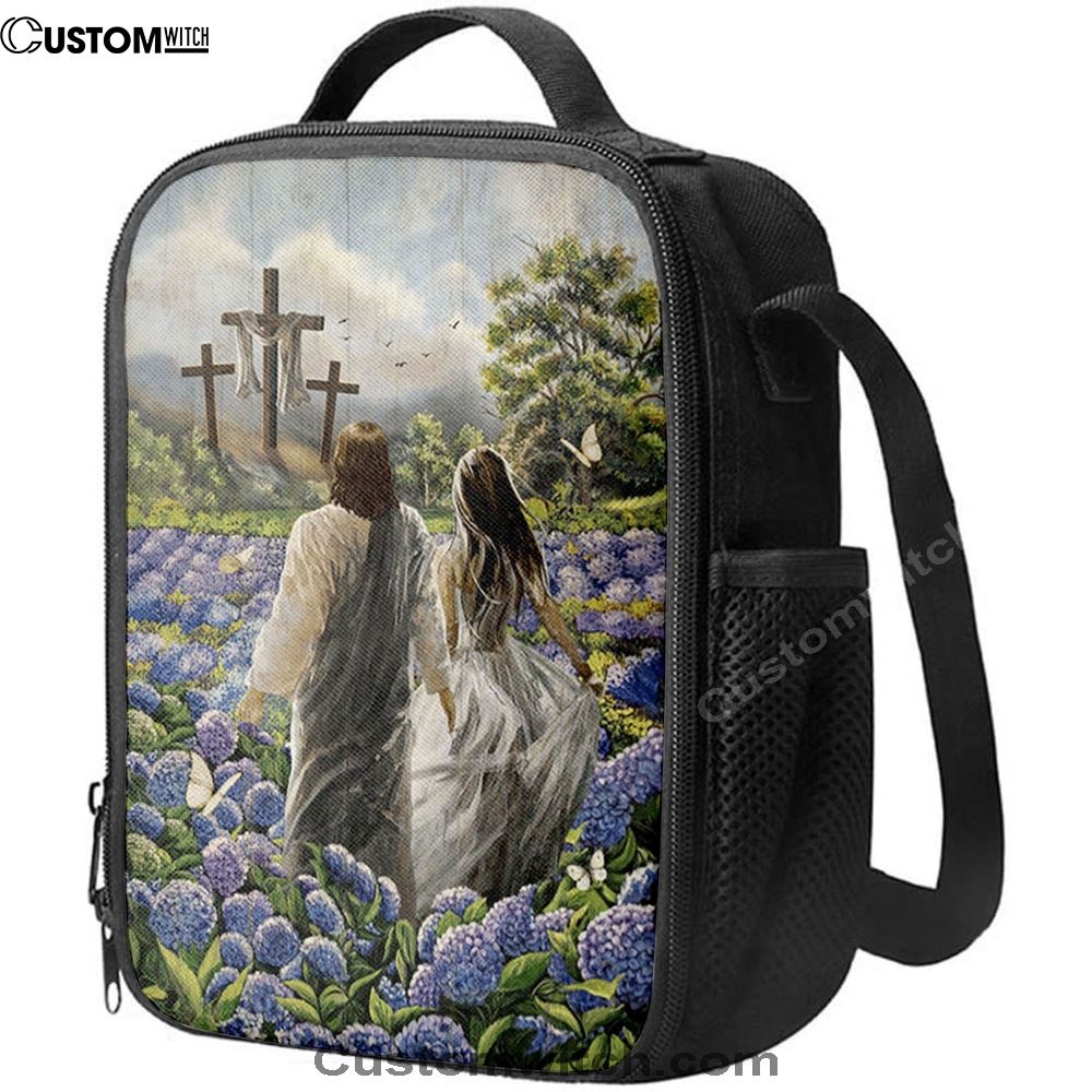 Pretty Girl Walking With Jesus In Purple Hydrangea Flower Field Lunch Bag, Bible Verse Lunch Bag For Men And Women