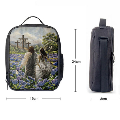 Pretty Girl Walking With Jesus In Purple Hydrangea Flower Field Lunch Bag, Bible Verse Lunch Bag For Men And Women