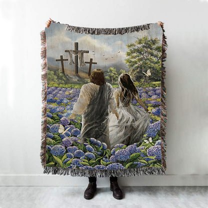 Pretty Girl Walking With Jesus In Purple Hydrangea Flower Field Woven Blanket Print - Inspirational Woven Blanket Art - Christian Throw Blanket Home Decor