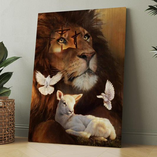 Pretty Lion, Watercolor Lamb, White Dove, Cross Jesus Canvas, Christmas Gift for Christian