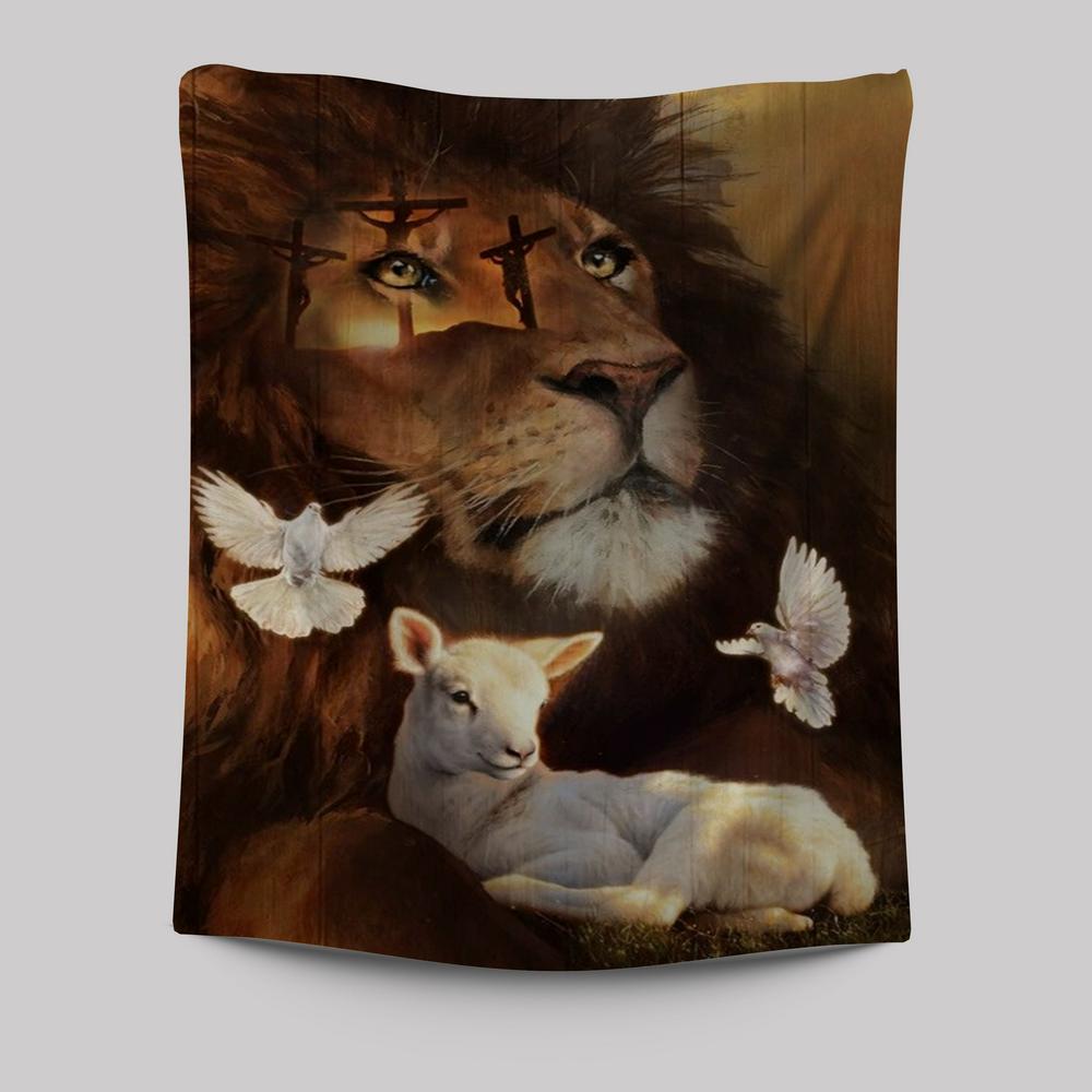 Pretty Lion, Watercolor Lamb, White Dove, Cross Jesus Tapestry