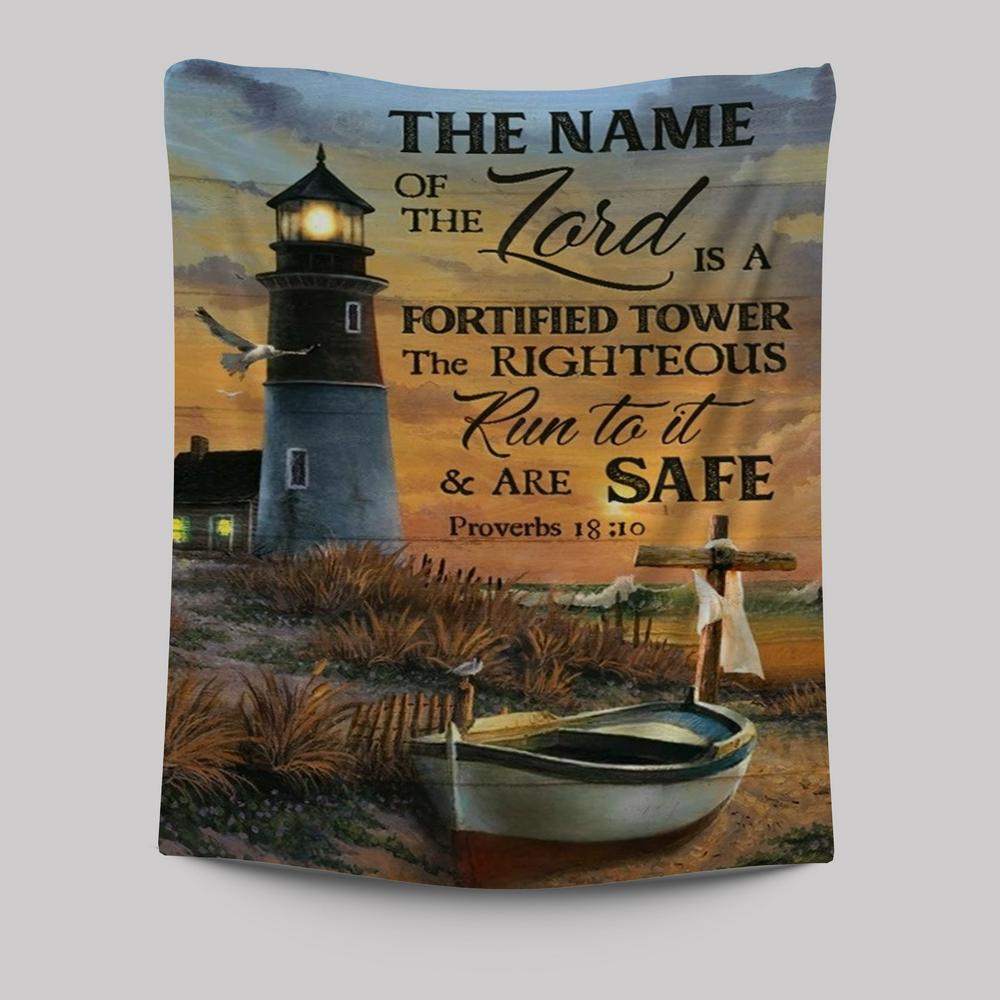 Pretty Sunset Lighthouse Drawing The Name Of The Lord Tapestry