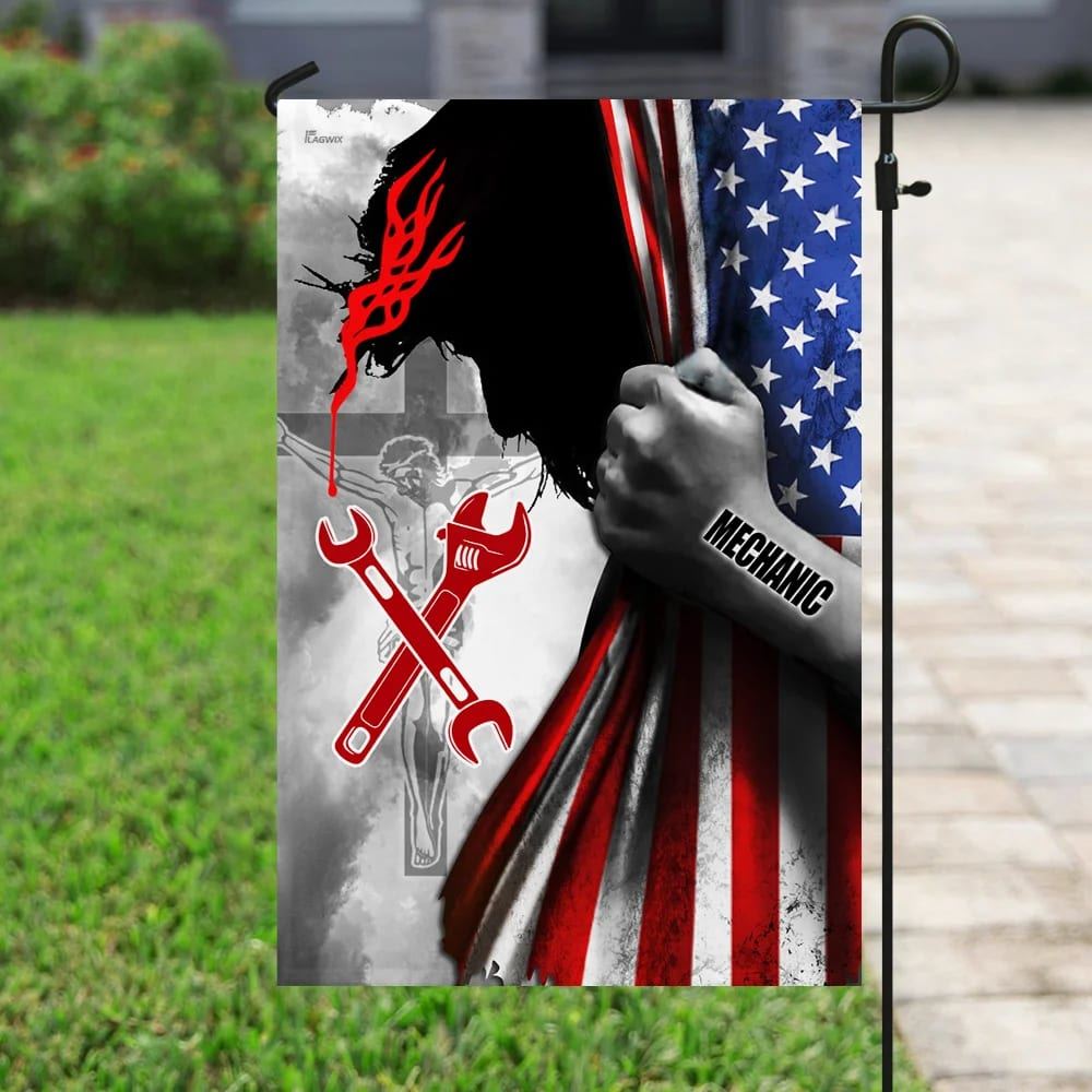 Proud Mechanic Jesus Christ House Flag, Outdoor Religious Flags, Christian Flag, Scripture Flag, Garden Banner