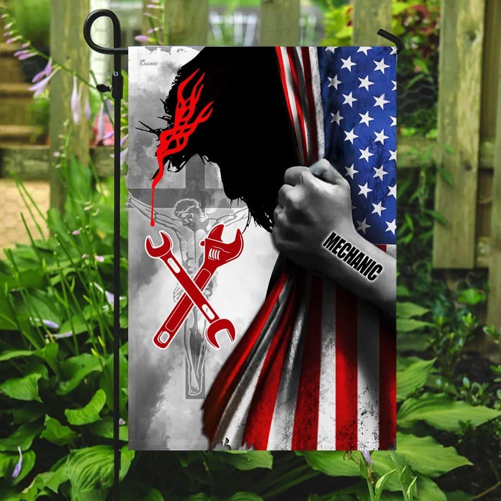 Proud Mechanic Jesus Christ House Flag, Outdoor Religious Flags, Christian Flag, Scripture Flag, Garden Banner