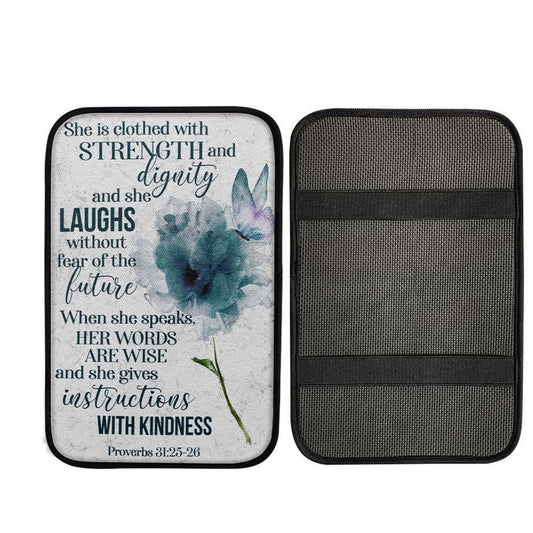 Proverbs 3125-26 She Is Clothed With Strength And Dignity Car Center Console Cover, Cross Car Interior Accessories